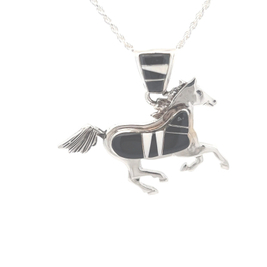 Calvin Begay Genuine Acoma Jet Sterling Silver Horse Pendant