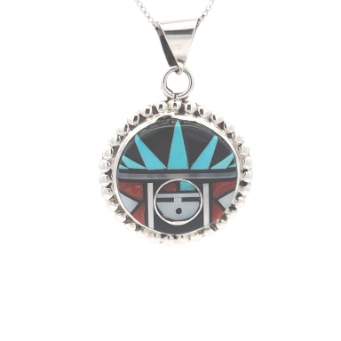 Zuni Indian Genuine Gemstones Sterling Silver Sunface Pendant