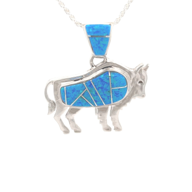 Calvin Begay Blue Opal Sterling Silver Buffalo Pendant