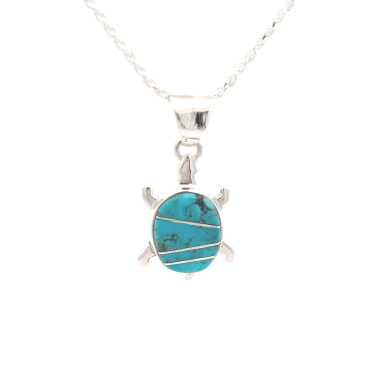 Calvin Begay Genuine Kingman Turquoise Sterling Silver Turtle Pendant