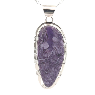 3 1/8" long Genuine Charoite Sterling Silver Native American Pendant