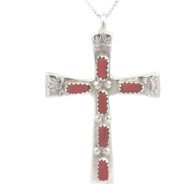 Zuni Indian Jewelry Genuine Coral Sterling Silver Cross Pendant