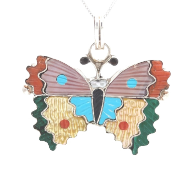 Zuni Indian Jewelry Genuine Mother of Pearl Sterling Silver Butterfly Pendant