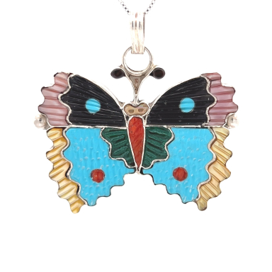 Zuni Indian Jewelry Genuine Turquoise and Mother of Pearl Sterling Silver Butterfly Pendant