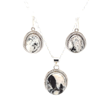 Genuine White Buffalo Turquoise Sterling Silver Pendant and Earrings Set