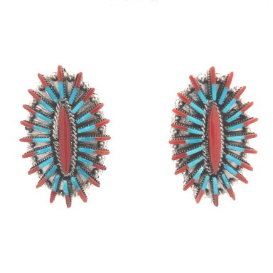 Zuni Indian Jewelry Genuine Coral Sterling Silver Post Earrings