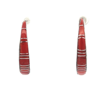 Zuni Indian Jewelry Genuine Coral Sterling Silver Hoop Earrings