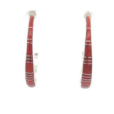 Zuni Indian Jewelry Genuine Coral Sterling Silver Hoop Earrings