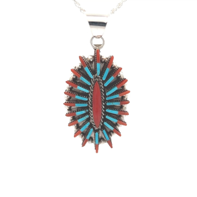 Zuni Indian Jewelry Genuine Coral Sterling Silver Needlepoint Pendant