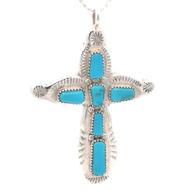 Genuine Sleeping Beauty Turquoise Sterling Silver Zuni Cross Pendant