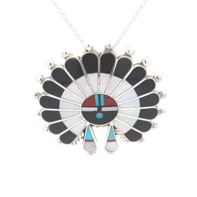 Zuni Indian Jewelry Genuine Gemstones Sterling Silver Sunface Pendant