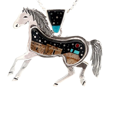 Calvin Begay Starry Night in the Pueblo Sterling Silver Horse Pendant