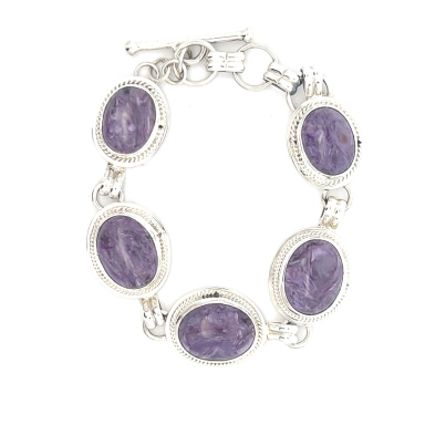 5 Genuine Charoite Stones Sterling Silver Link Bracelet