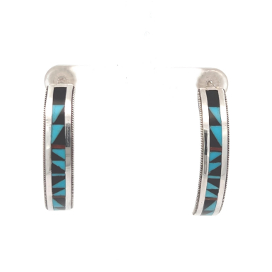 Zuni Indian Jewelry Genuine Gemstones Sterling Silver Half Hoop Earrings