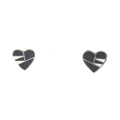 Calvin Begay Genuine Acoma Jet Sterling Silver Heart  Earrings