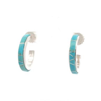 Calvin Begay Genuine Kingman Turquoise Sterling Silver Hoop Earrings