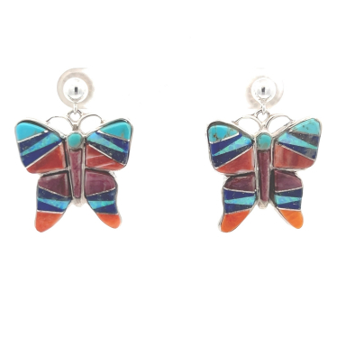 Calvin Begay Genuine Gemstones Sterling Silver Butterfly Earrings